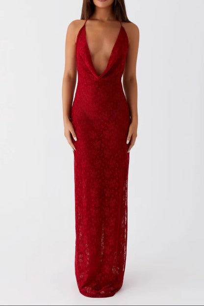 carlin red Lace-up backless slip dress