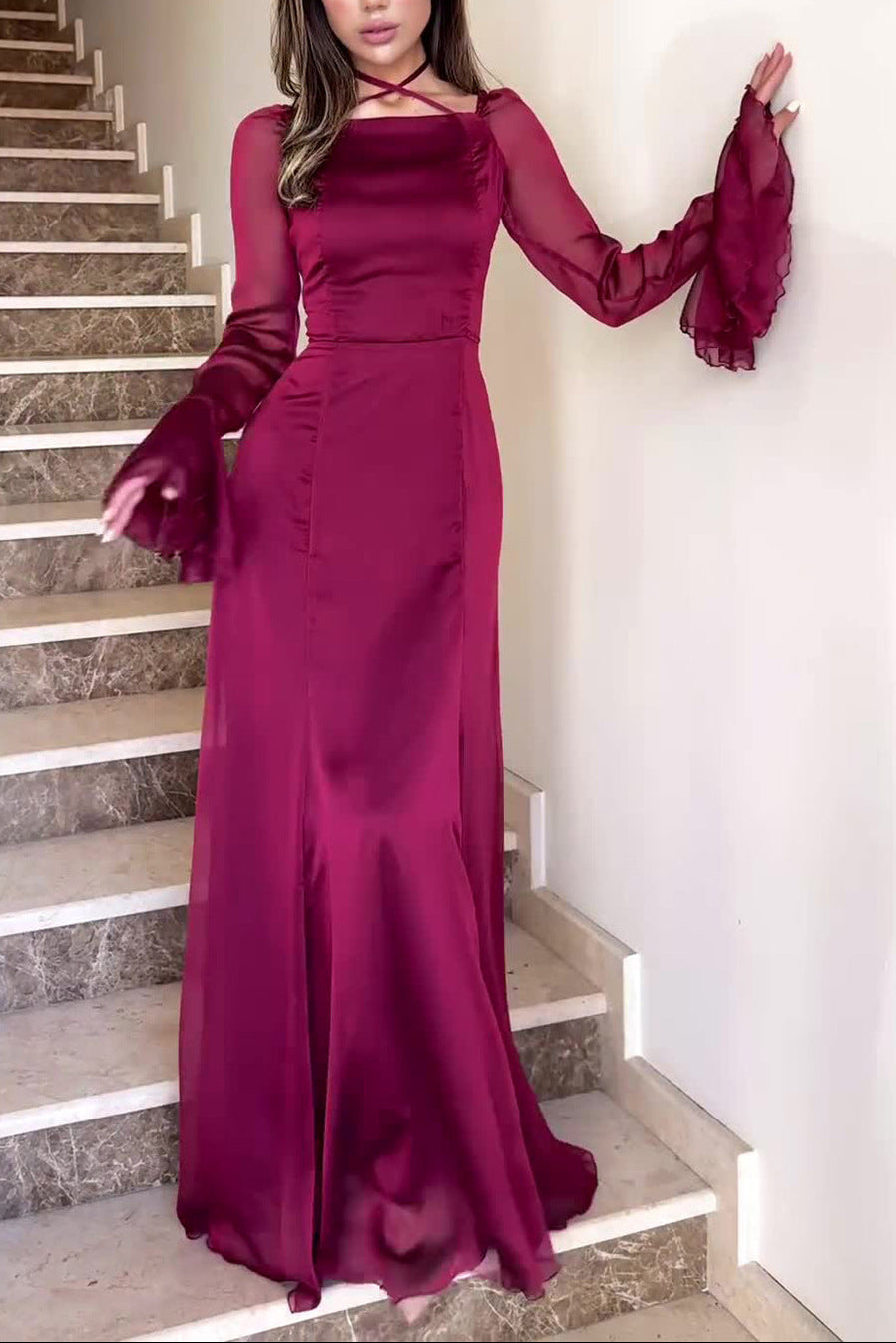 Chiffon Gentle Ruffles Flowing Strappy maxi Dress