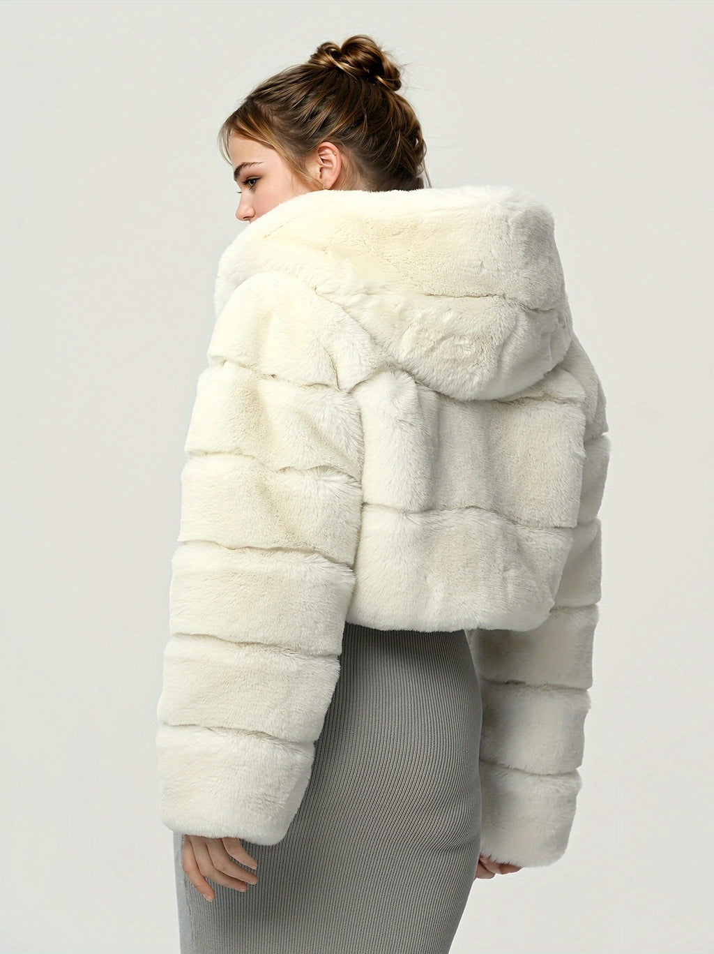 hooded imitation rabbit fur long sleeve spliced jacket