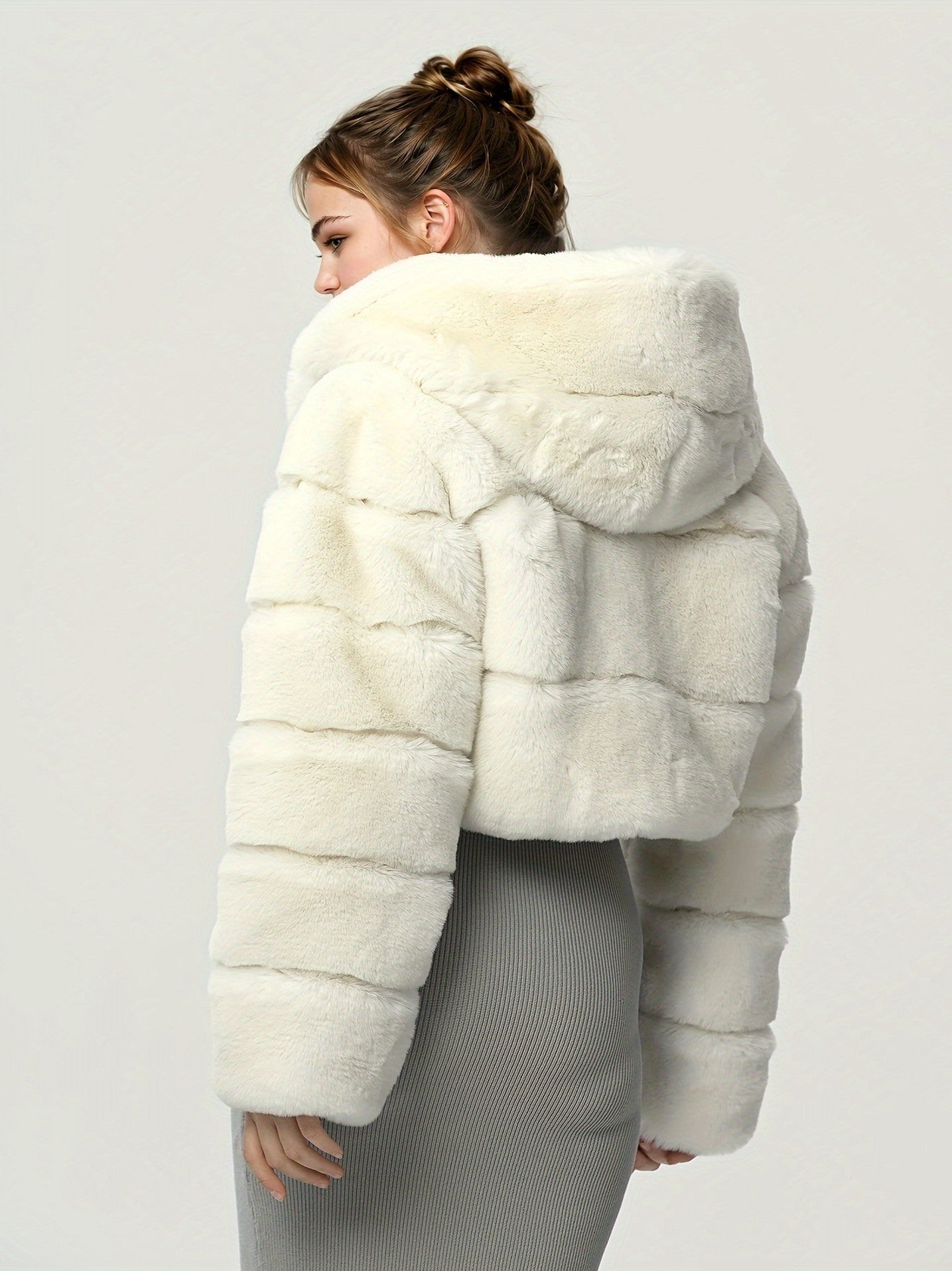 hooded imitation rabbit fur long sleeve spliced jacket