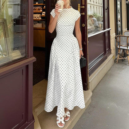 polka dot crew neck waist slimming big swing dress