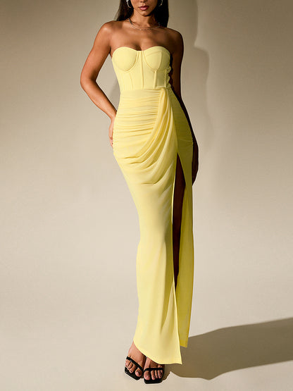 yellow mesh open back herring bone bandeau high slit dress