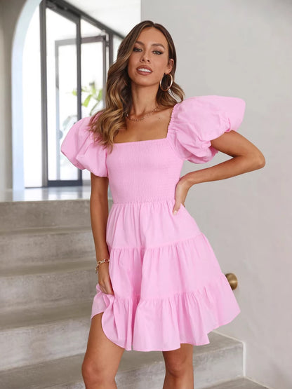 pink square neck puff sleeves ruffled pleated dress
