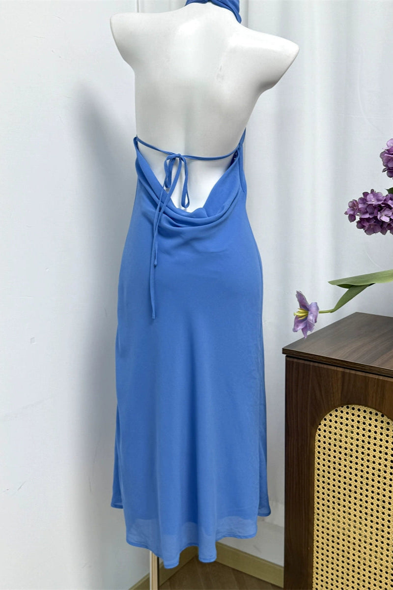 blue shoulder open back dress