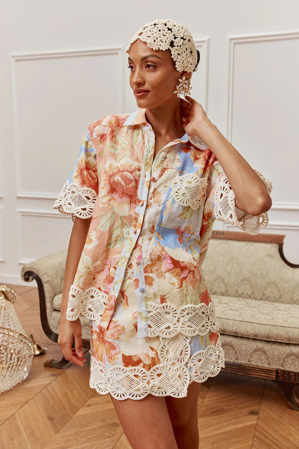 Vacation floral print lace cardigan shirt & skirt set