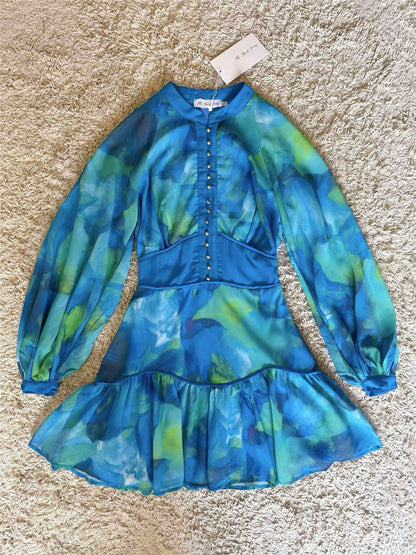 peacock blue graded button waist-cinching dress