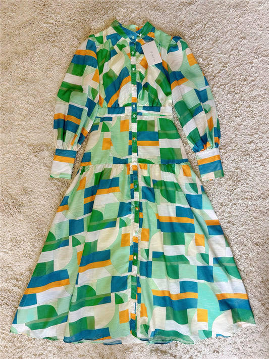 green color-block button dress