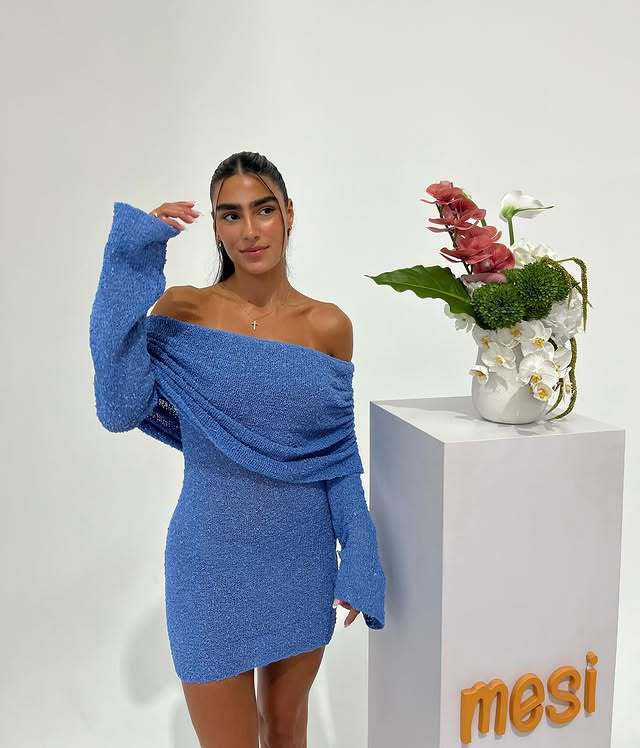 Knitted openwork one-line see-through openwork mini dress