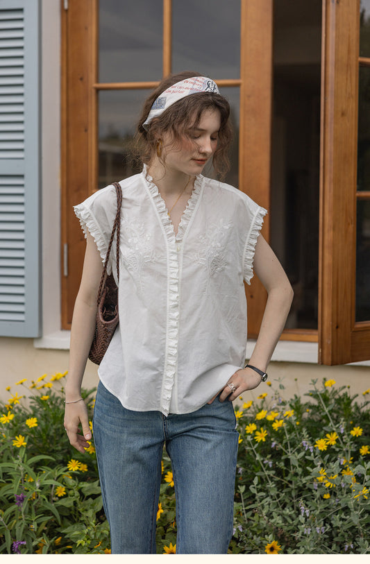 white linen-cotton patchwork sleeveless lace shirt