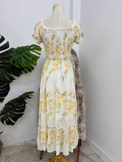 yellow floral pleated puff sleeve dress