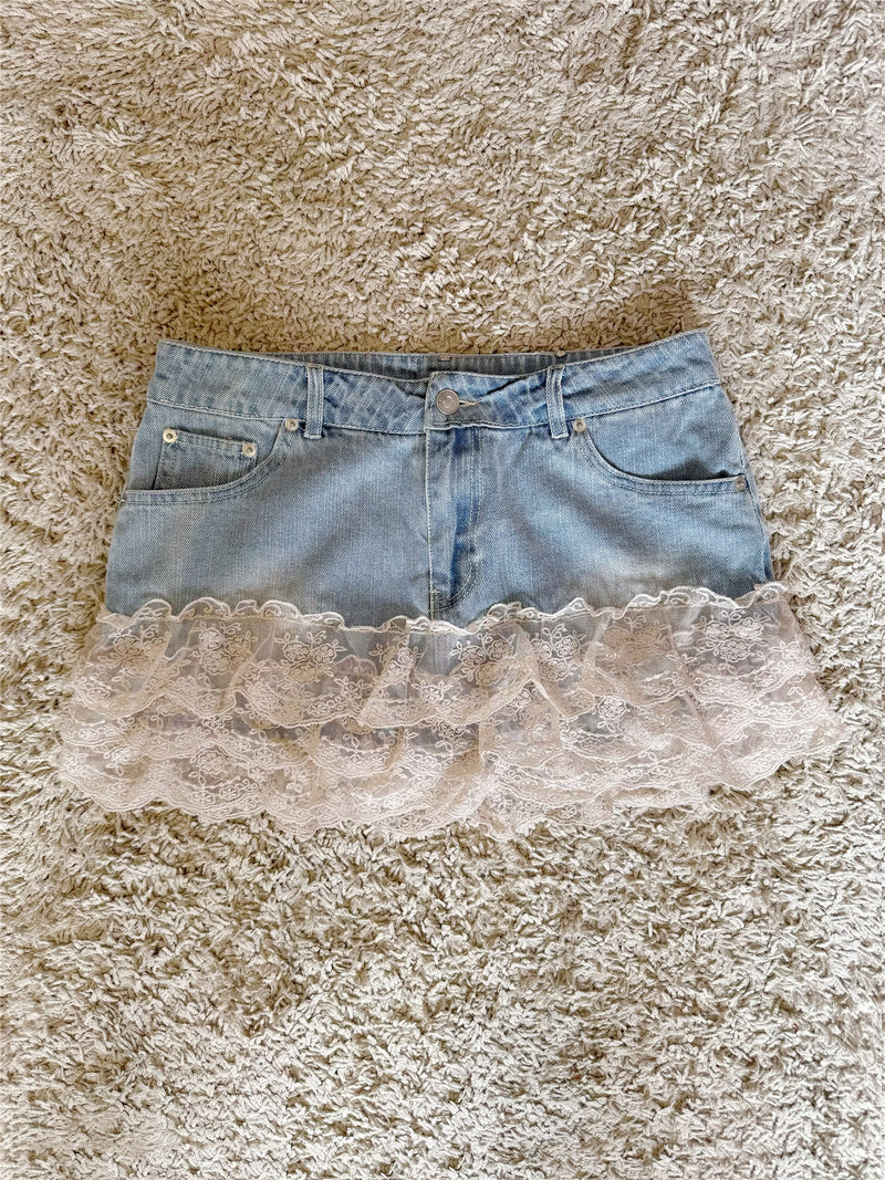 layered lace ruffle patchwork with pure cotton denim low-rise mini short skirt