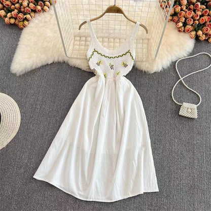 Hollow-out embroidered camisole midi dress