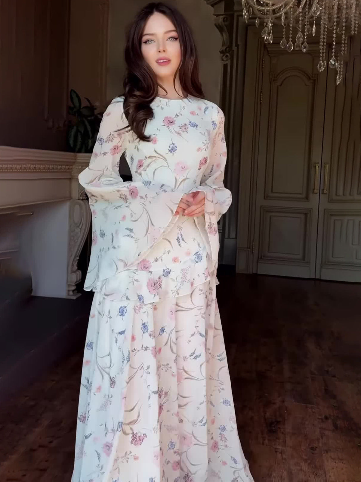 white floral long-sleeved maxi dress