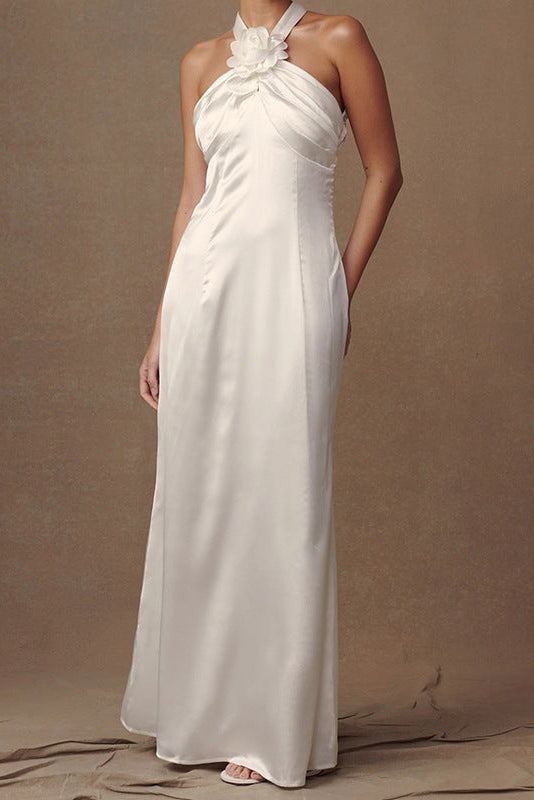 freda white Backless floral satin ice silk halter dress