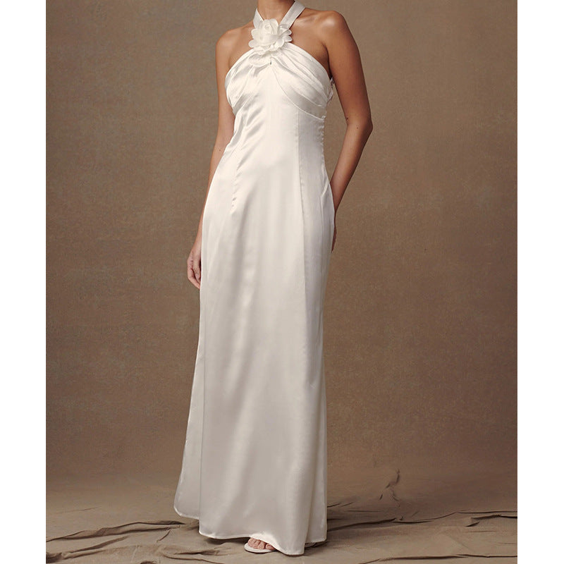 freda white Backless floral satin ice silk halter dress