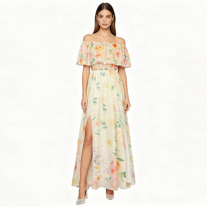 Off-shoulder print slit chiffon maxi dress - pale yellow