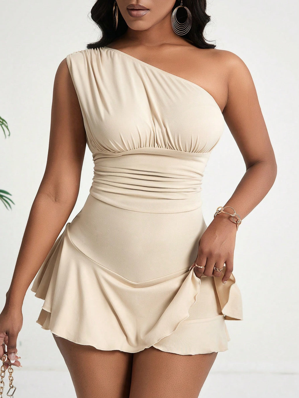 Asymmetrical high-waisted ruffled mini dress