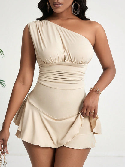 Asymmetrical high-waisted ruffled mini dress