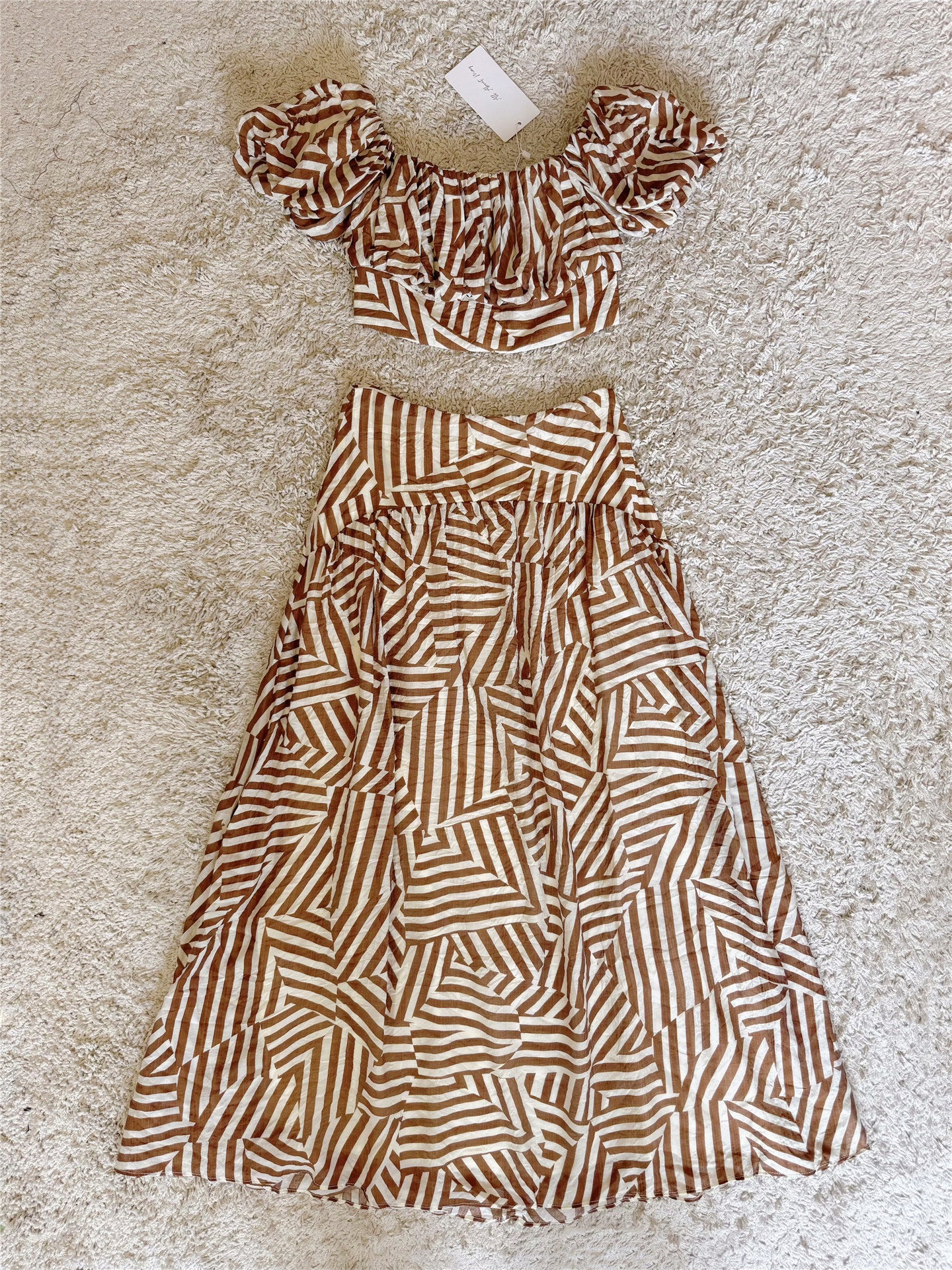 Off Shoulder Puff Sleeve Striped Crop Top & Tiered Maxi Skirt Set