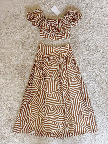 Off Shoulder Puff Sleeve Striped Crop Top & Tiered Maxi Skirt Set
