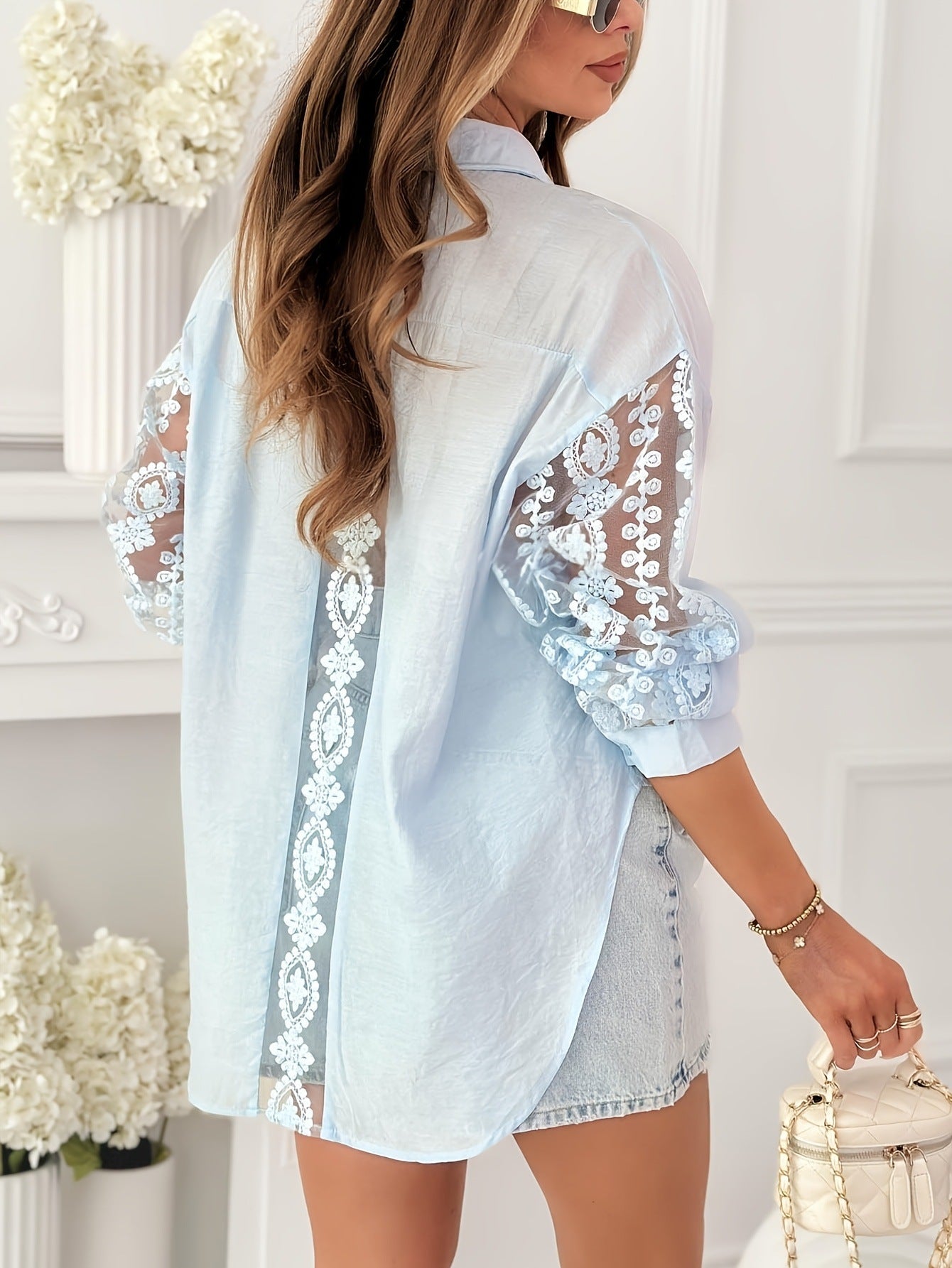 light blue lace embroidered hollow-out long-sleeve shirt