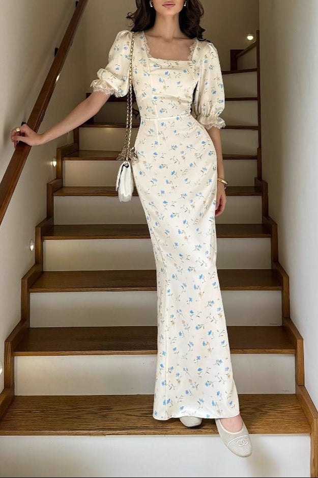 satin print lace maxi dress