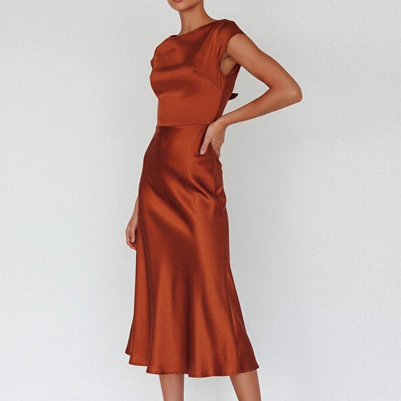 brown Crew Neck Slit Slim Dress