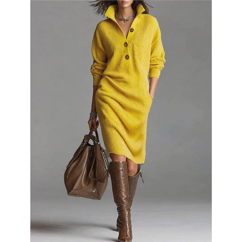 Button-down collar straight knit sweater midi dress