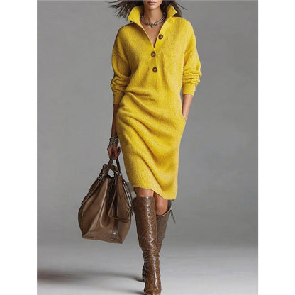 Button-down collar straight knit sweater midi dress