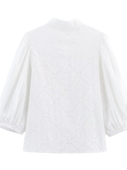 White Lap-up Collar Puffy Sleeve Hollow Embroidered Shirt