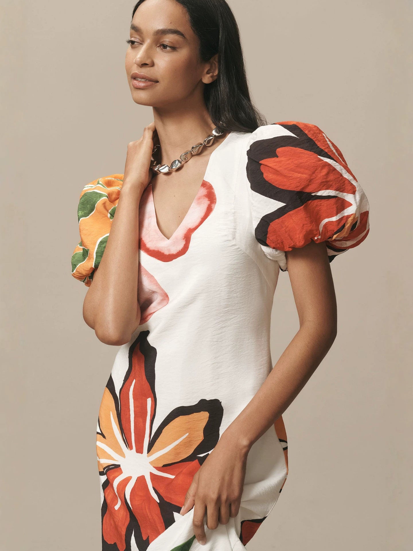 Printed puff sleeve V-neck side slit maxi dress