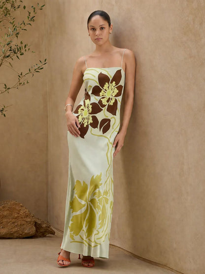 yellow printed square neck suspender maxi dress