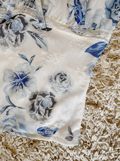 Embossed Printed Lace Panel Lace Mesh Stretch Cropped Sling Strap