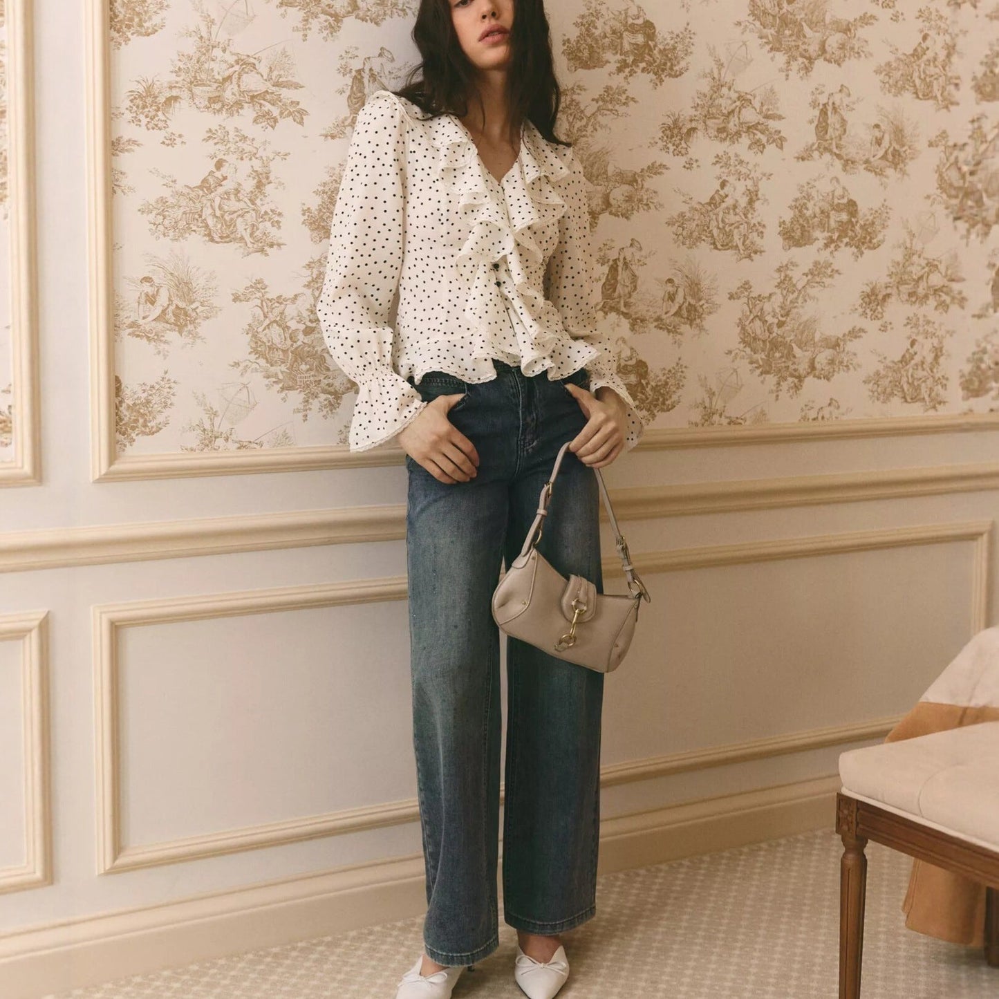 French-style polka dot shirt with ruffles