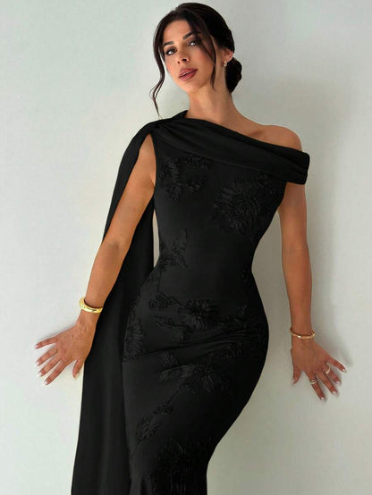 black three-dimensional floral hip hugging sloping shoulder streamer maxi dress