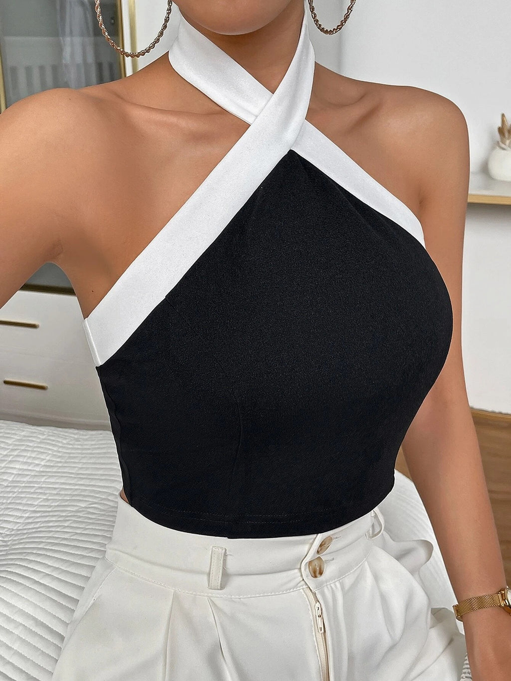 Black and white color-blocked halter top