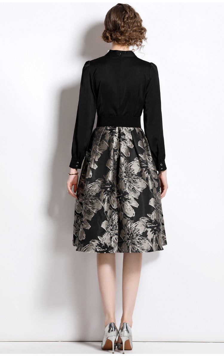 Deep V-neck patchwork jacquard puffy maxi dress