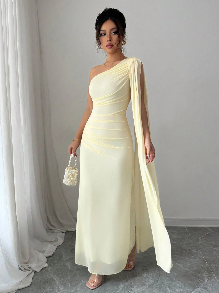 yellow mesh one-shoulder maxi dress