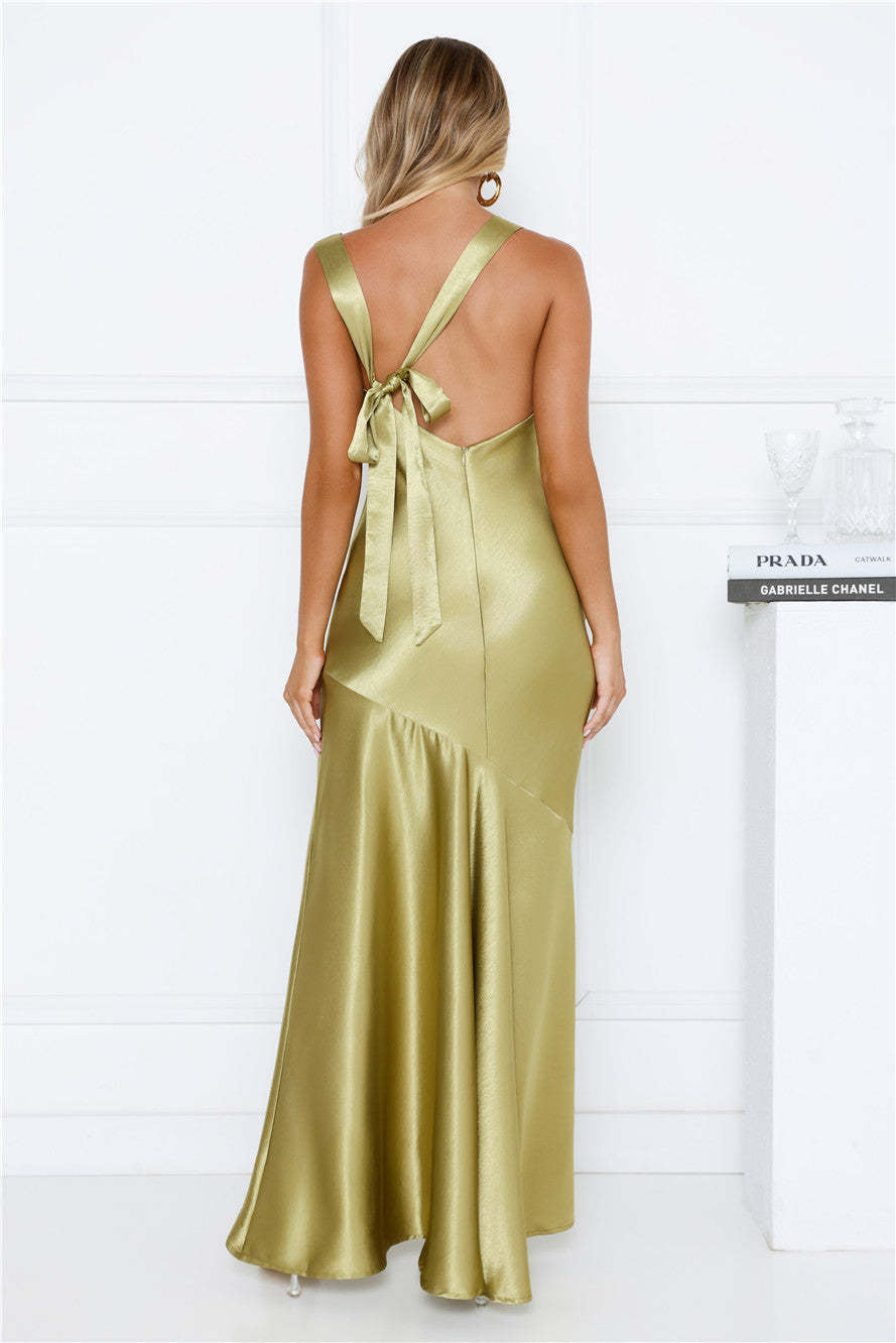 green satin fishtail large swing maxi dress