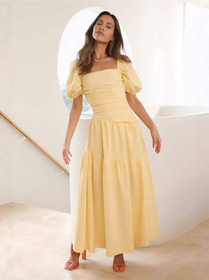 yellow puff sleeve maxi dress