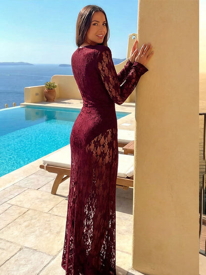red wine lace long sleeve pleated mesh cutout deep V-neck dress