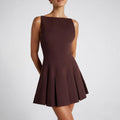 brown Spaghetti strap backless pleated mini dress