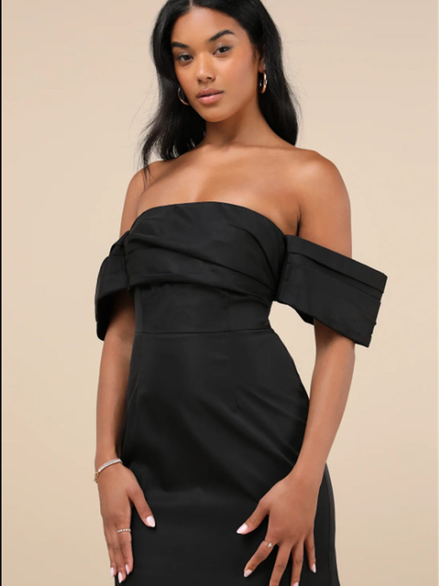 black off-the-shoulder mini dress