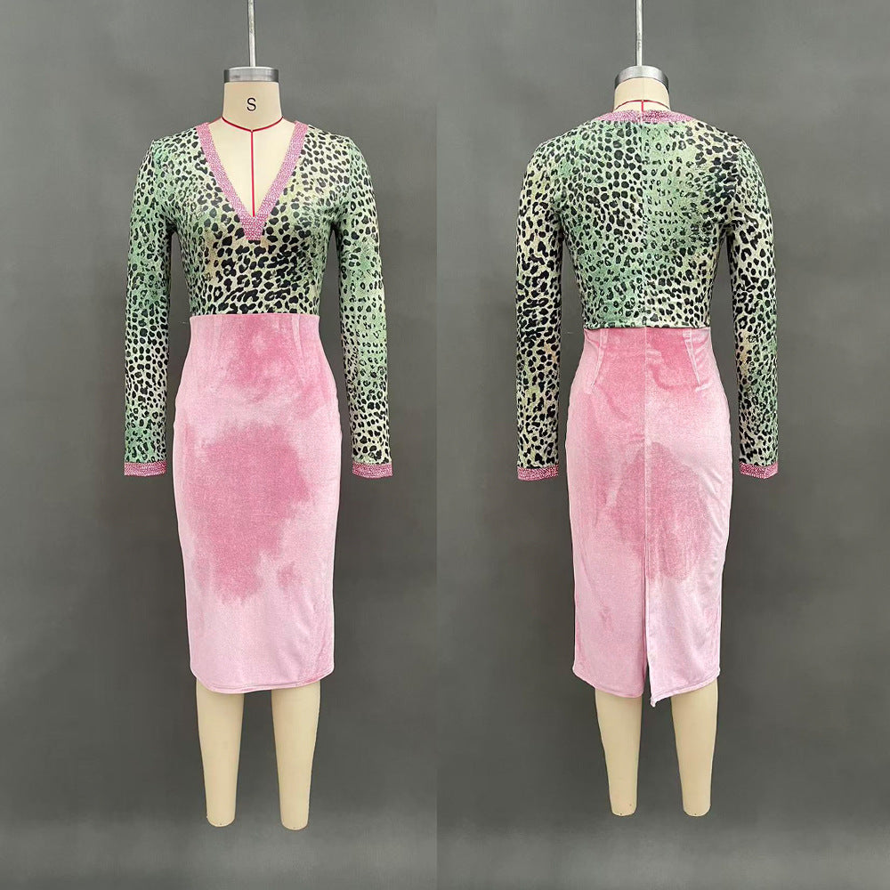 Pink Velvet Bodycon Dress With Patchwork Webbing And Leopard Print