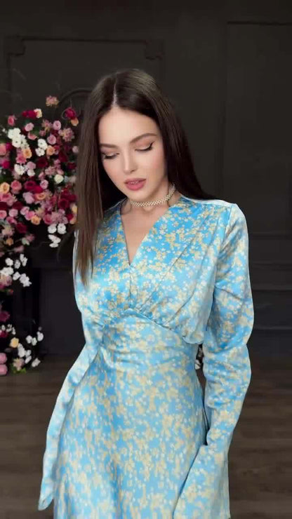 blue V-neck long-sleeved maxi dress