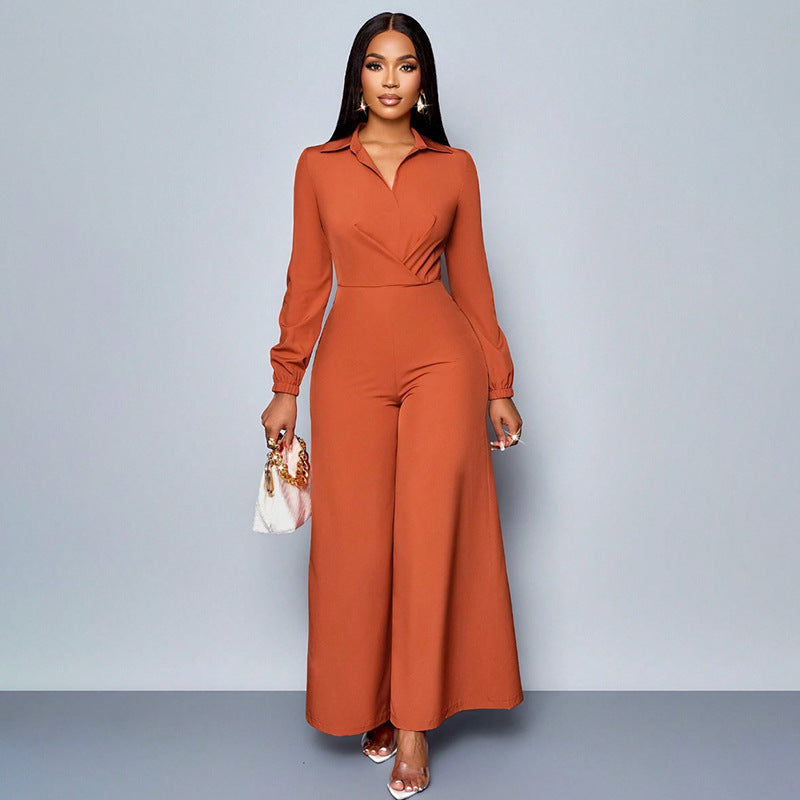 Collared Long-Sleeved Belt Wide-Leg Jumpsuit