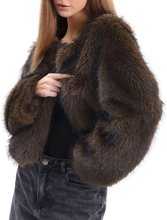 faux fur long-sleeved front open cropped coats