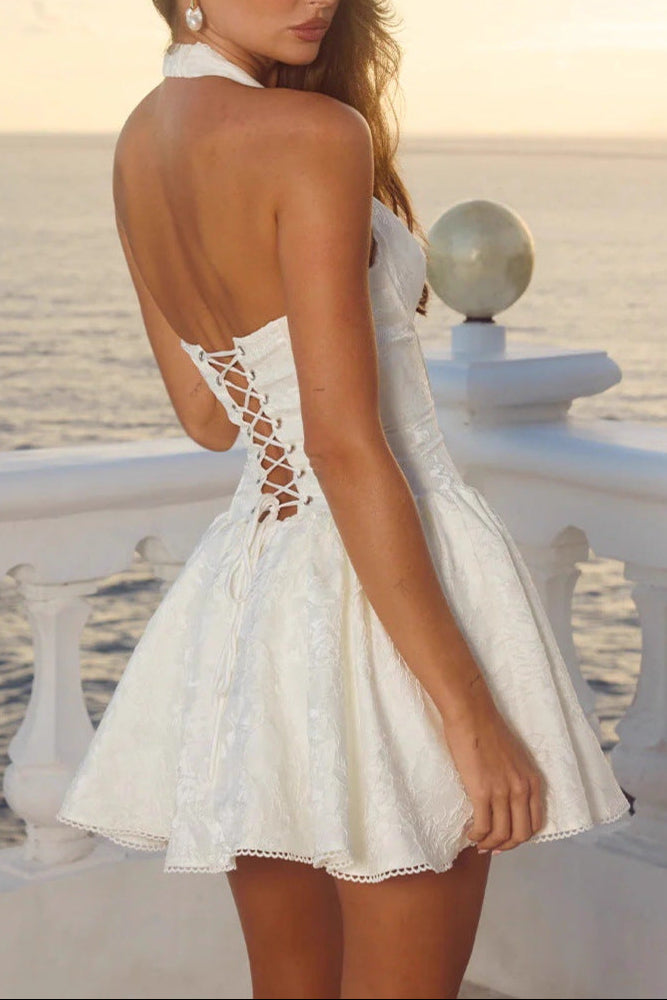 white halterneck V-neck puffy A-line mini dress