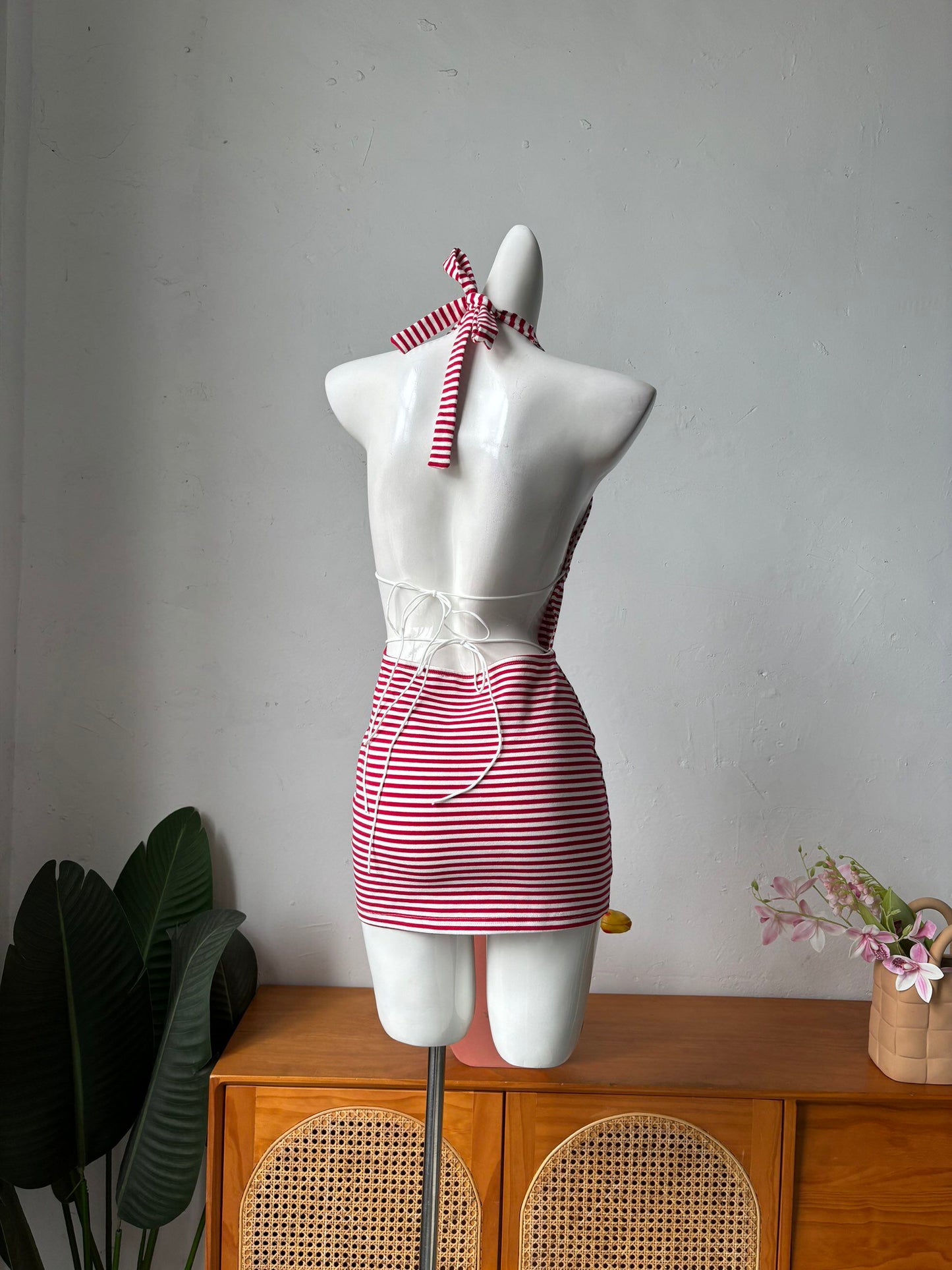 red and white striped halterneck suspender dress