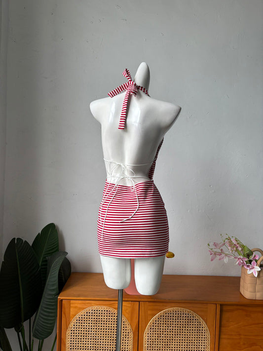 red and white striped halterneck suspender dress